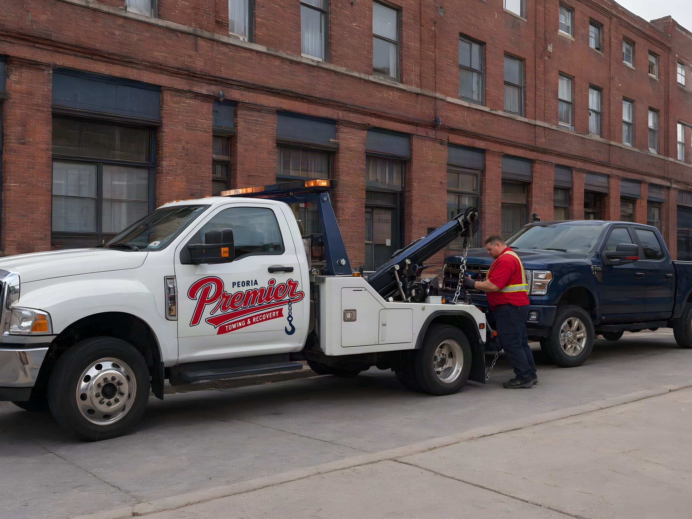 Tow operator checking safety chains on a wheel-lift tow