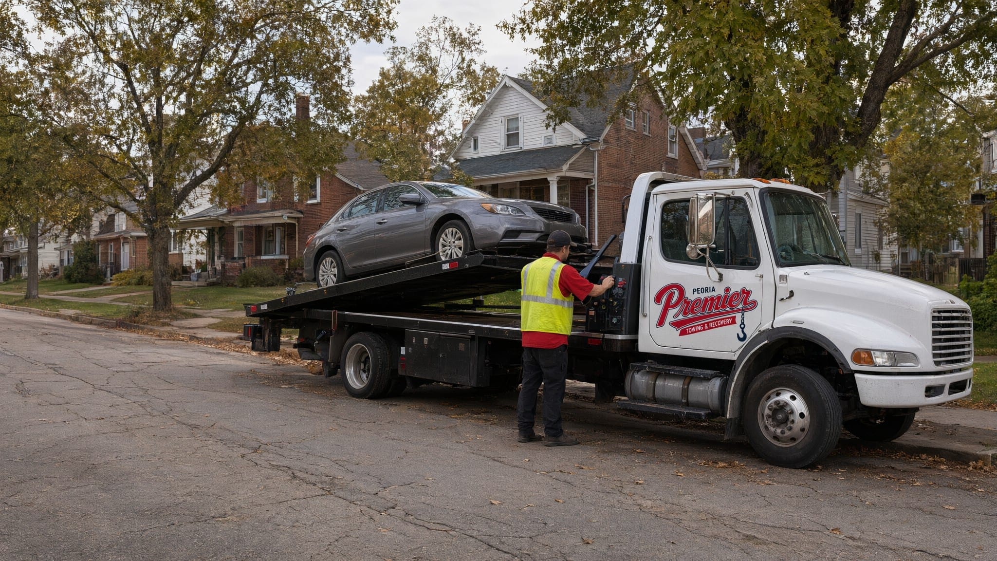 Peoria Premier Towing flatbed loading a grey sedan on a brick-house street in Peoria