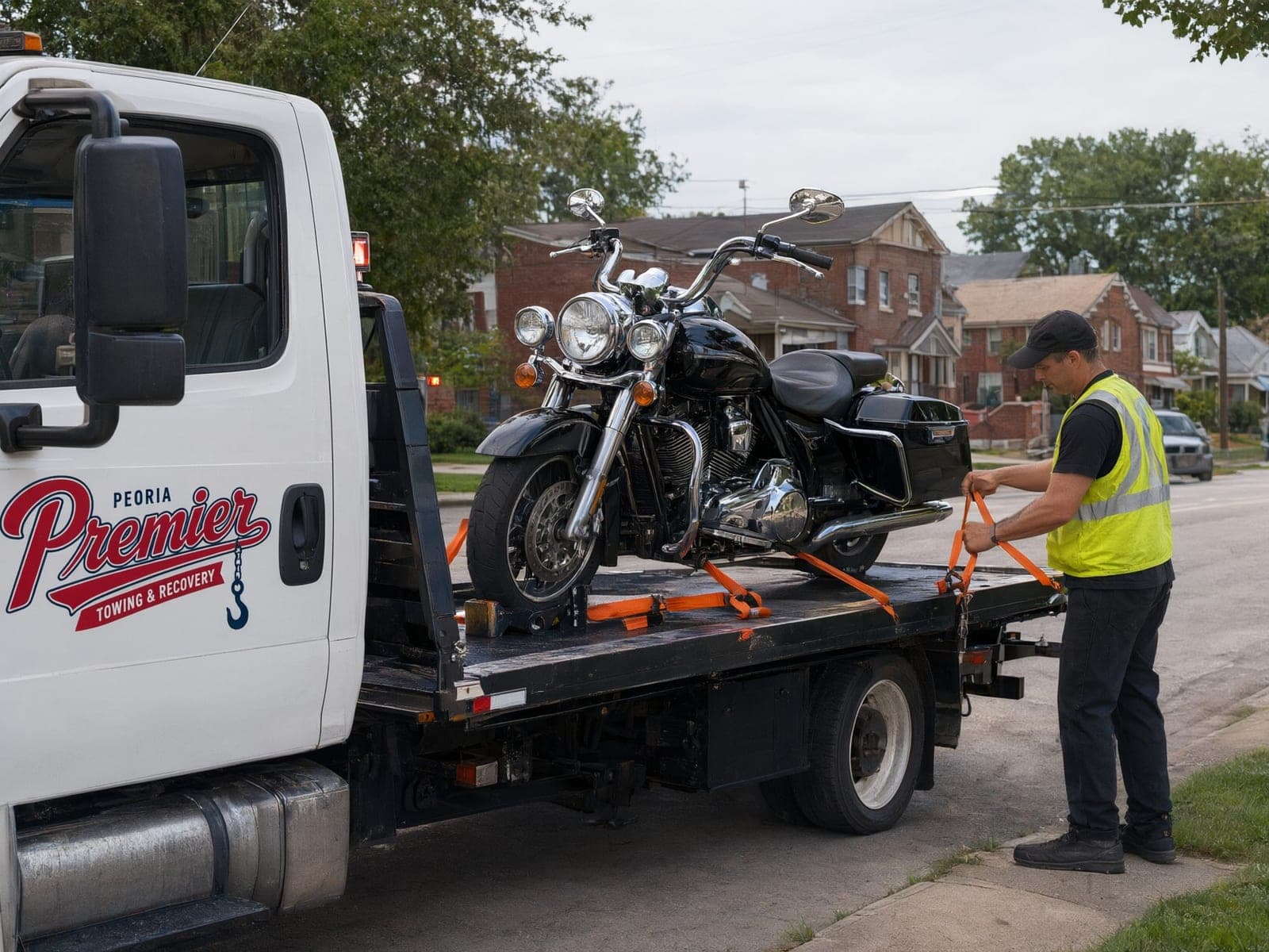 Motorcycle strapped in a wheel chock on a Peoria Premier Towing flatbed