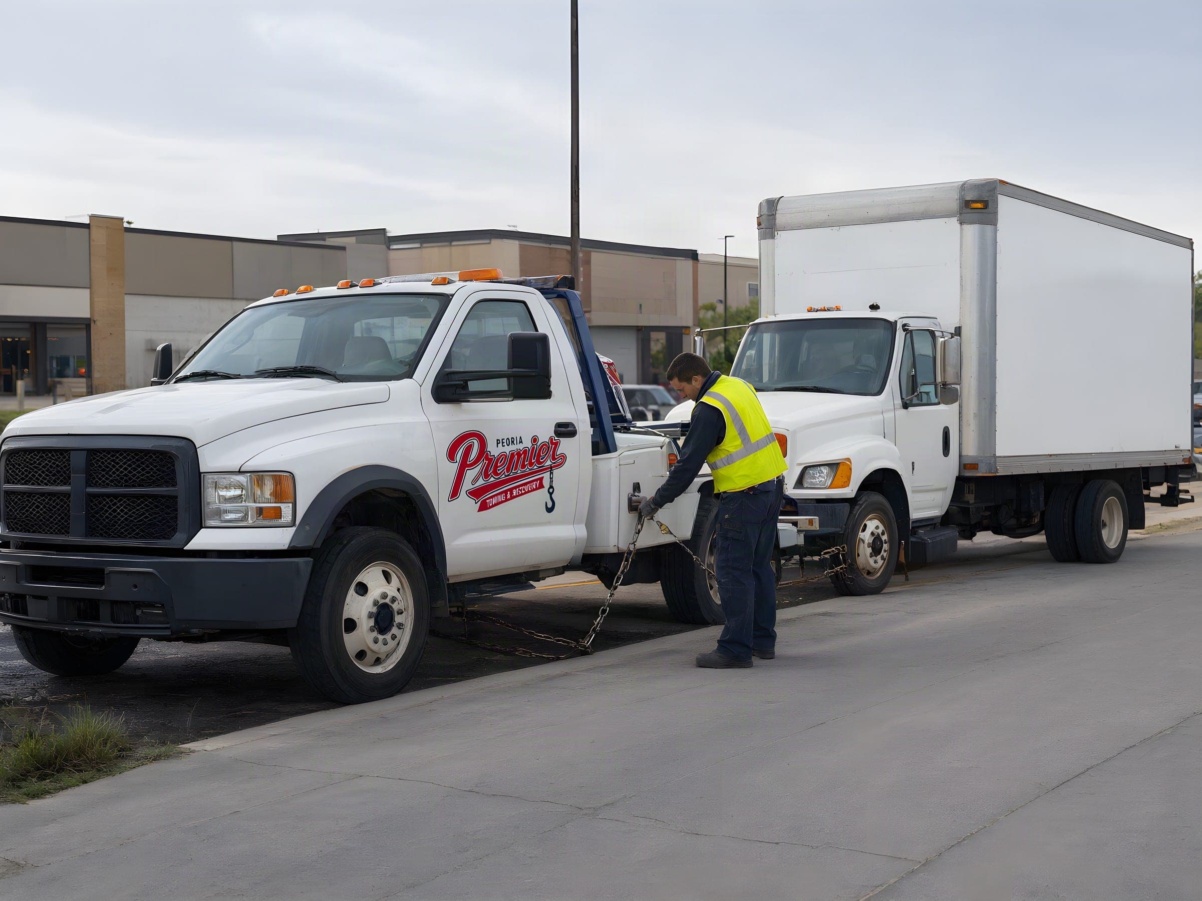 Medium-duty wrecker hooked to a white box truck
