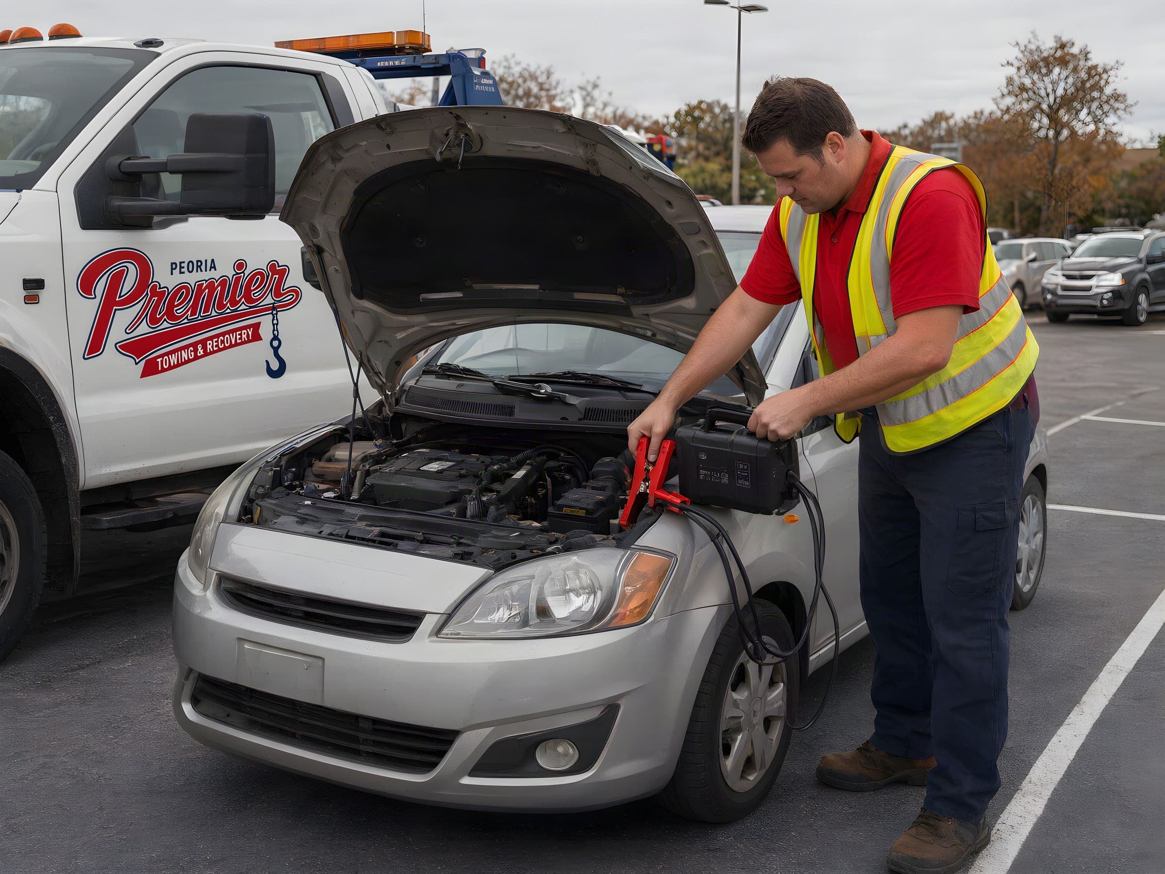 Tow operator jump-starting a car in a parking lot