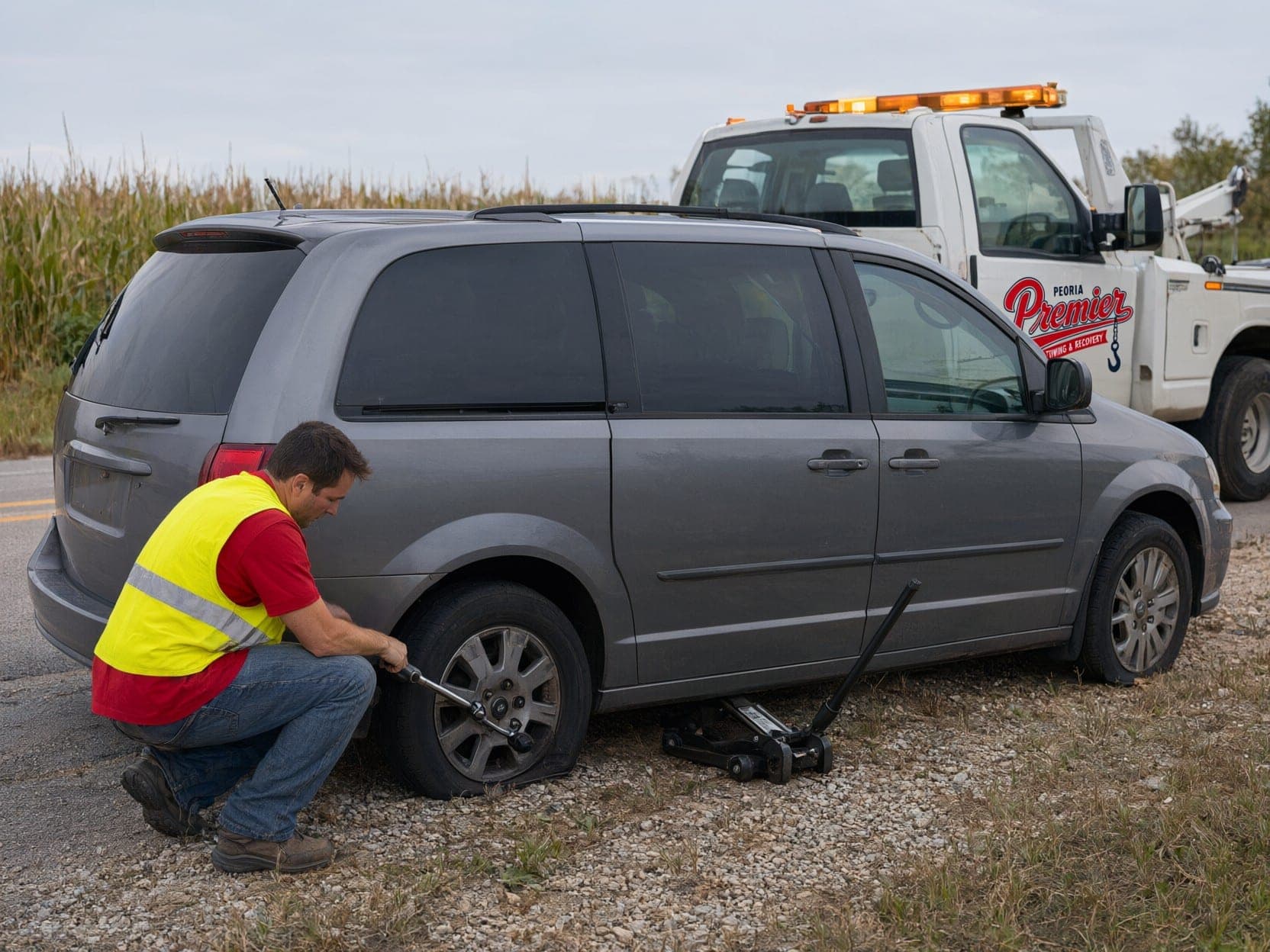 Tow operator changing a flat tire on a minivan on the road shoulder